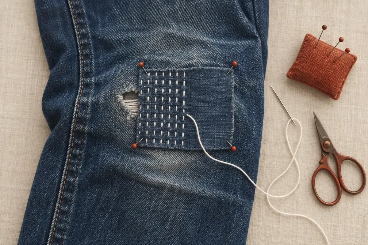 Illustration d'un genou de jean indigo avec un patch épinglé sur un petit trou, à moitié cousu de points sashiko blancs