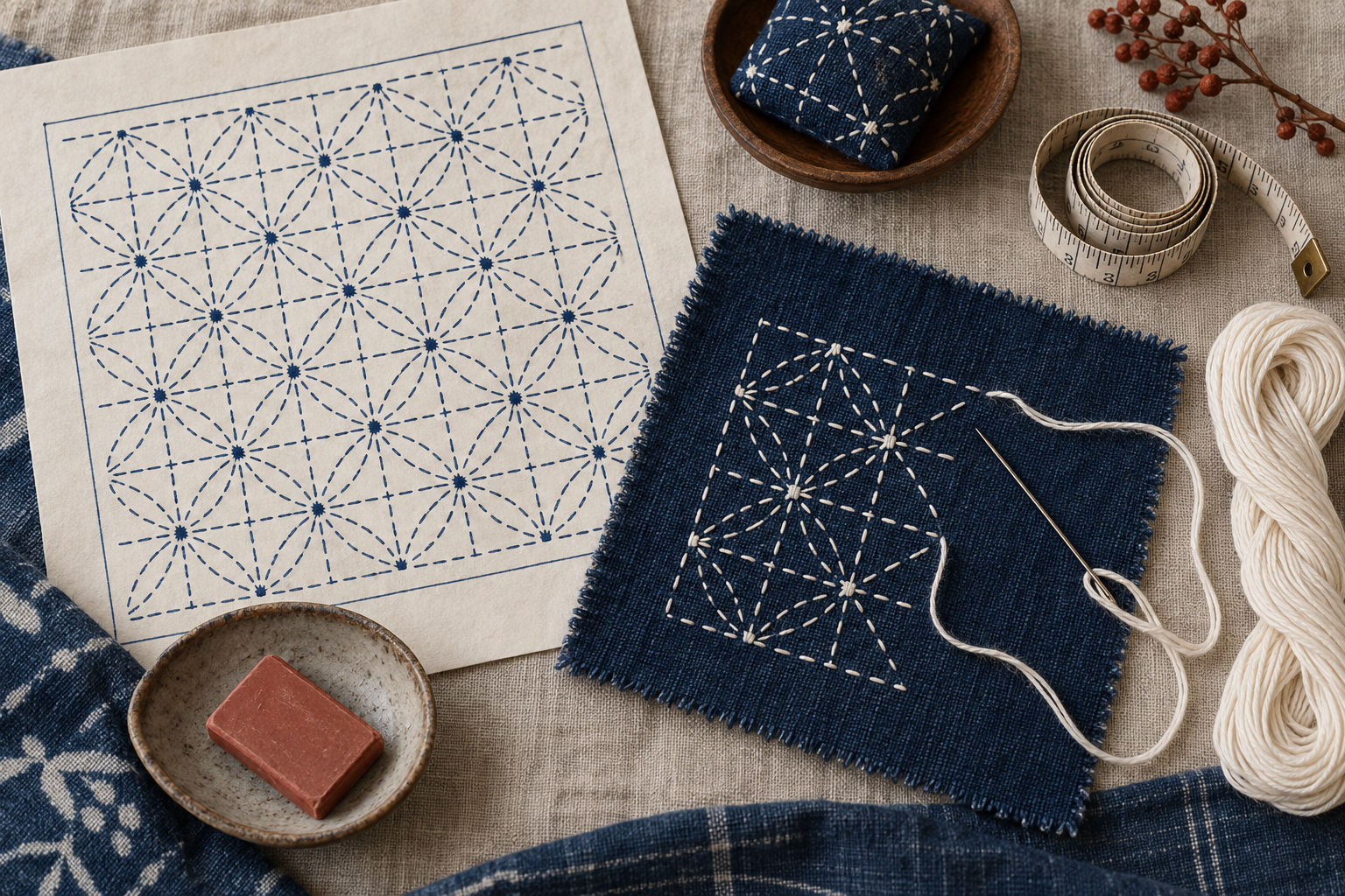 Kit de réparation sashiko : patron hitomezashi imprimé, aiguille, fil écru et craie