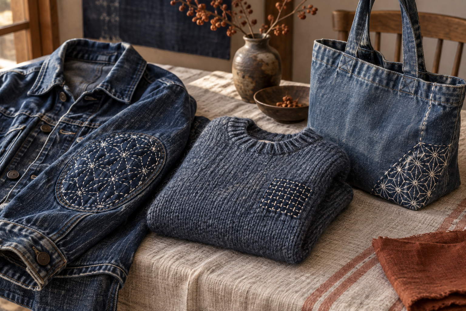 Vêtements réparés au sashiko : veste, pull et sac renforcés de motifs visibles
